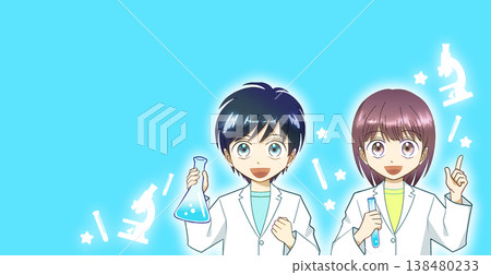 一幅動漫風格的插圖，描繪了一男一女穿著實驗服，面帶微笑地進行實驗。 138480233