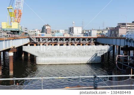 Construction of bridge pier foundations and temporary scaffolding within the river (2) 138480449