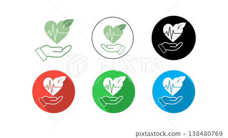 Eco Healthcare Icon Set Heart With Pulse And Leaf Over Hand, Medical Wellness Symbols Eco Healthcare Icon Set Heart With Pulse And Leaf Over Hand, Medical Wellness Symbols 138480769