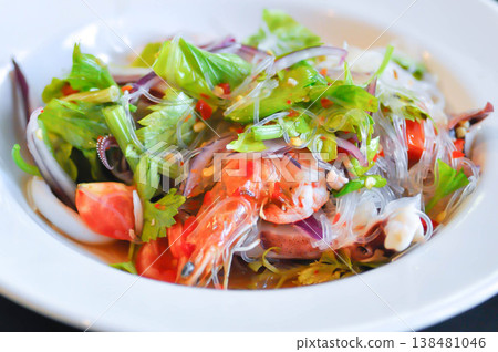 spicy salad or noodles salad, Thai spicy salad or vermicelli and seafood salad or vermicelli salad or grass noodles salad spicy salad or noodles salad, Thai spicy salad or vermicelli and seafood salad or vermicelli salad or grass noodles salad 138481046