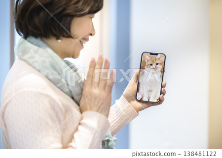 A woman checks on her pet cat while she's away using her smartphone (pet camera image) A woman checks on her pet cat while she's away using her smartphone (pet camera image) 138481122