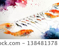 Repeating Shrimp Pattern in Orange Ink with Minimalist Background 138481378