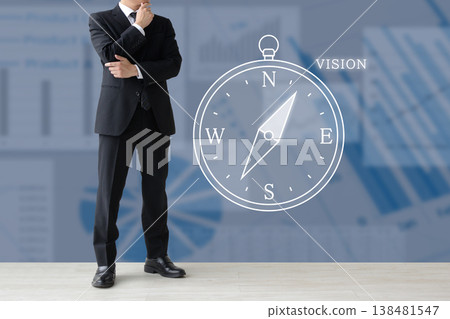 商人和指南針,用於考慮公司或企業的願景和管理方向。 商人和指南針,用於考慮公司或企業的願景和管理方向。 138481547