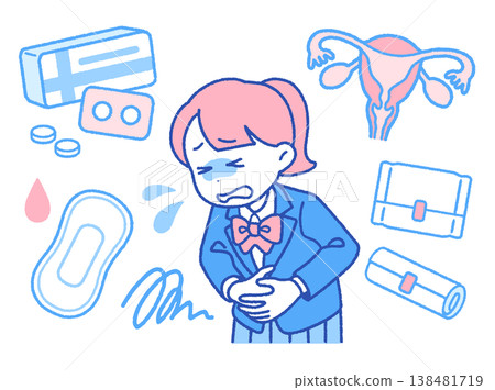 一幅插圖描繪了一位高中女生因經痛而腹痛的情景 | 止痛藥和衛生棉 一幅插圖描繪了一位高中女生因經痛而腹痛的情景 | 止痛藥和衛生棉 138481719