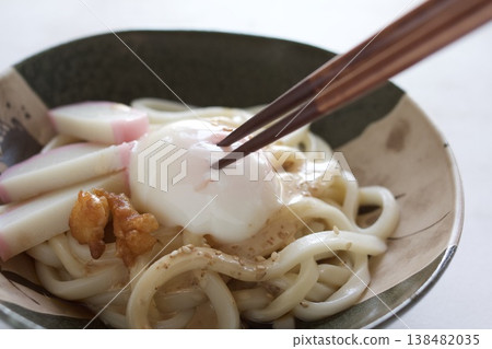 Cold udon noodles with soft-boiled egg and fish cake Cold udon noodles with soft-boiled egg and fish cake 138482035