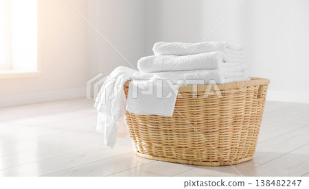 一個由天然材料製成的籃子，裡面裝著白色的衣物，放在明亮的房間裡。 138482247