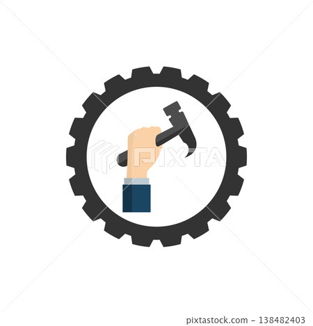 Hand holding a hammer and gear Hand holding a hammer and gear 138482403