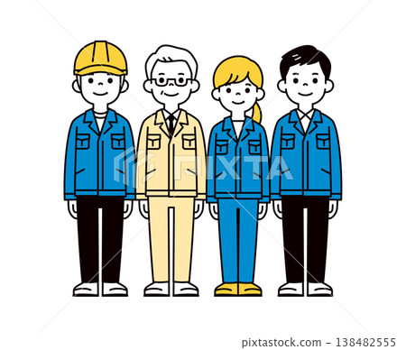 Simple full-body vector illustration of a company president/manager and male/female employees working at a construction site. Simple full-body vector illustration of a company president/manager and male/female employees working at a construction site. 138482555