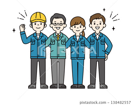製造業和建築業的員工、職員和經理們肩並肩、團結協作的全身向量插圖。 製造業和建築業的員工、職員和經理們肩並肩、團結協作的全身向量插圖。 138482557