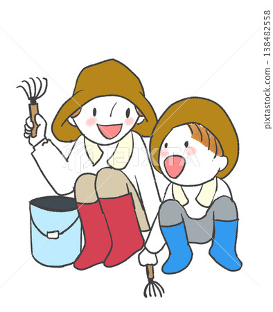 An illustration of a parent and child enjoying clam digging. An illustration of a parent and child enjoying clam digging. 138482558
