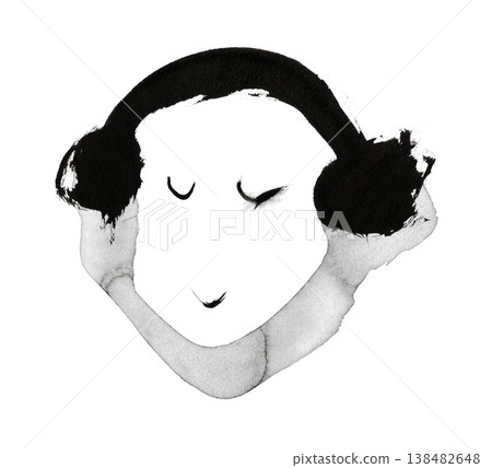 A Japanese modern monochrome illustration featuring a figure wearing headphones or earmuffs, drawn with a brush using ink washes and lines. 138482648