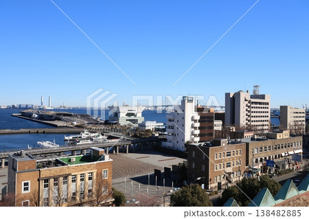 View of Yokohama Port's Osanbashi Pier from the rooftop of the Kanagawa Prefectural Government Building. View of Yokohama Port's Osanbashi Pier from the rooftop of the Kanagawa Prefectural Government Building. 138482885