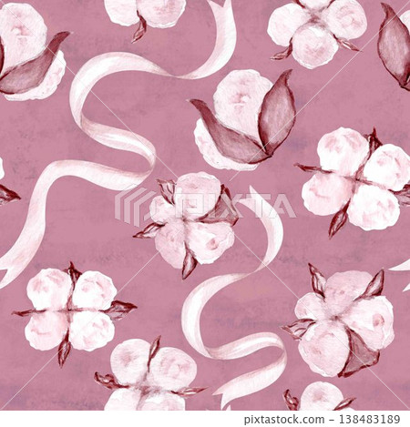 Seamless cotton flower pattern with soft ribbons, hand-painted watercolor in blush tones on powdery pink background. Ideal for textiles, wallpapers, packaging, branding, wedding and fashion designs Seamless cotton flower pattern with soft ribbons, hand-painted watercolor in blush tones on powdery pink background. Ideal for textiles, wallpapers, packaging, branding, wedding and fashion designs 138483189