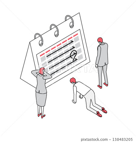 以等距線描的方式描繪了一個商務團隊為趕工而苦苦掙扎的場景。 138483205