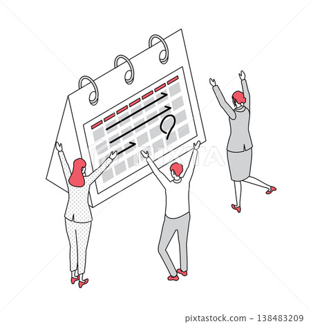 Isometric line drawing illustration of a business team celebrating in front of a large calendar. Isometric line drawing illustration of a business team celebrating in front of a large calendar. 138483209