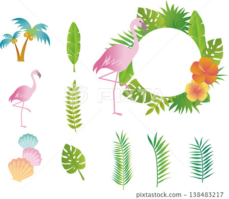 Summer tropical illustration set: flamingos, palm trees, hibiscus, leaf frames, decorations, design materials. Summer tropical illustration set: flamingos, palm trees, hibiscus, leaf frames, decorations, design materials. 138483217
