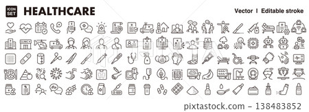 Medical and healthcare icon set (thin lines, vector materials): clinic, medicine, hospital materials. 138483852