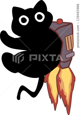 A black cat stick figure flies upward using a backpack rocket with orange flames 138483966