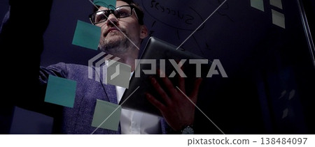 Mature male professional, wearing eyeglasses and suit, working late in a dark office, holding a digital tablet and brainstorming new business strategies with post it notes on a glass board 138484097