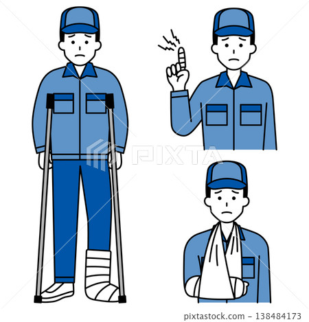 A set of a man in overalls with injuries to his fingers, arms, and legs. 138484173