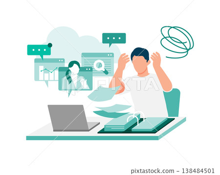 Men struggling with task overload in hybrid work and energy conservation challenges Men struggling with task overload in hybrid work and energy conservation challenges 138484501