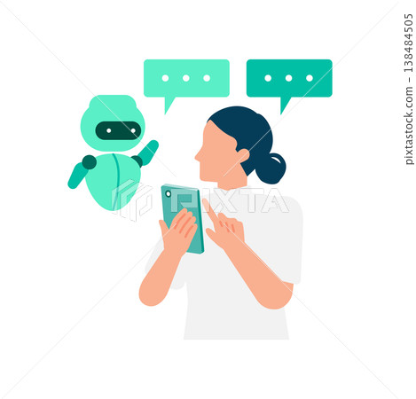 一位女性的行動工作:透過智慧型手機與人工智慧互動來解決問題。 一位女性的行動工作:透過智慧型手機與人工智慧互動來解決問題。 138484505