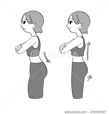Before and after illustration of lordosis (posture improvement, anterior pelvic tilt, female, side view) 138484587