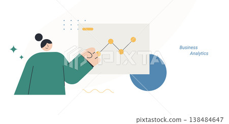 Flat style illustration of a woman person pointing at a line graph on a panel with pie chart, representing business analytics, data analysis and performance insight concept. 138484647