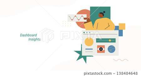 Flat style illustration of a woman person holding a line chart panel above a data dashboard interface with eye and slider icons, representing dashboard insights and analytics concept. 138484648