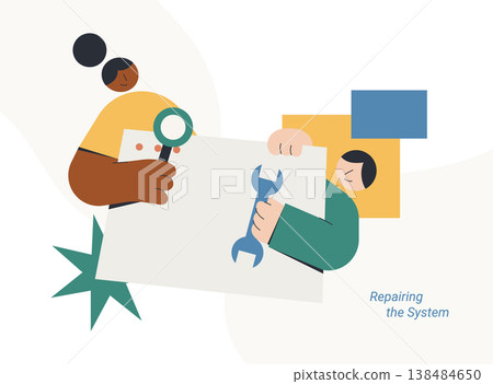 Flat style illustration of two diverse person using magnifying glass and wrench to inspect and fix a system panel, representing repairing the system, maintenance and IT support concept. 138484650