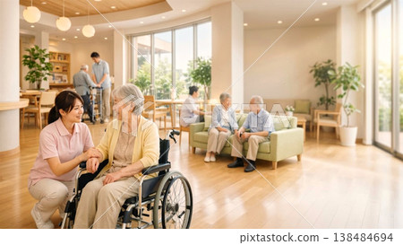 一位女護理員正在照顧一位坐在輪椅上的老婦人，背景中一對老年夫婦正在聊天。這是養老院明亮的大廳。 138484694