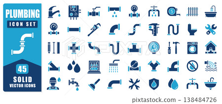 Plumbing Solid Icon Set Featuring Bold Vector Symbols Of Pipes, Water Systems, Tools, And Maintenance. Clean Modern Style Ideal For Web, Apps, Construction Projects, And Infographics. 138484726