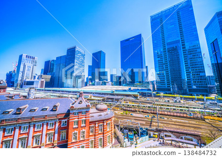 A breathtaking view of Tokyo's cityscape, including the auspicious Doctor Yellow train, Tokyo Station, trains, the skyscrapers of Yaesu, and cherry blossoms. A breathtaking view of Tokyo's cityscape, including the auspicious Doctor Yellow train, Tokyo Station, trains, the skyscrapers of Yaesu, and cherry blossoms. 138484732