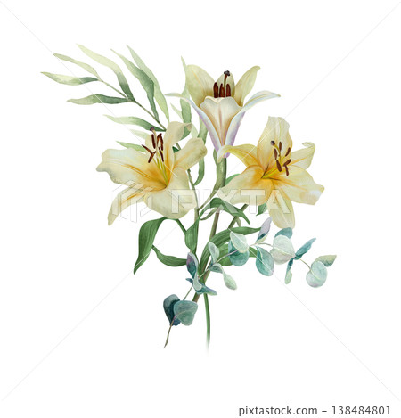 White lilies. Bouquet of delicate pastel flowers with a sprig of eucalyptus. Hand drawn watercolor illustration, isolated. For wedding invitations, birthday cards, Easter, funerals and baptisms. 138484801