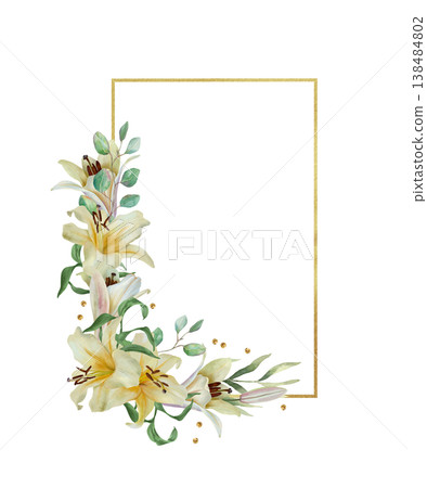 White lilies adorn a golden rectangular frame. Hand drawn watercolor illustration of delicate pastel flowers, isolated. Suitable for wedding invitations, birthday cards, Easter, baptism and funeral. 138484802