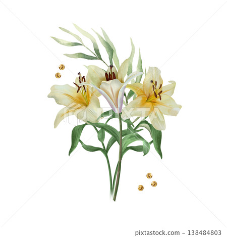 White lilies. Bouquet of delicate pastel flowers with a palm branch. Hand drawn watercolor illustration, isolated. Suitable for wedding invitations, birthday cards, Easter, funerals and baptisms. 138484803