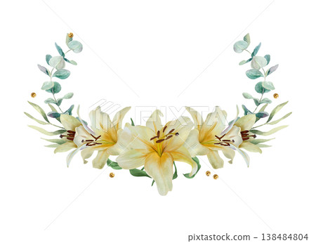 White lilies. Horizontal bouquet with curved eucalyptus branches. Hand drawn watercolor illustration of pastel flowers, isolated. For wedding invitations, birthday cards, Easter and funerals. White lilies. Horizontal bouquet with curved eucalyptus branches. Hand drawn watercolor illustration of pastel flowers, isolated. For wedding invitations, birthday cards, Easter and funerals. 138484804