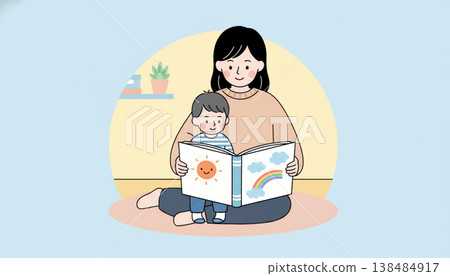 一幅溫馨的插圖，描繪了一位母親在睡前寧靜的時光裡給孩子讀書的場景。 138484917