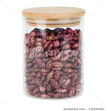 Beans in a glass jar with a wooden lid, isolated on white background Beans in a glass jar with a wooden lid, isolated on white background 138484982