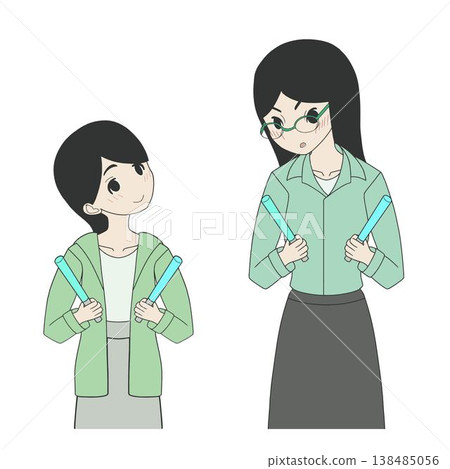 An illustration of a middle school girl and an adult woman smiling and chatting while holding the same penlight. 138485056