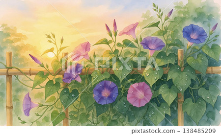 水彩插畫：日出時分，牽牛花在竹籬笆上盛開（人工智慧生成） 138485209