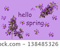hello spring message card with purple bungor flowers arrangement flat lay postcard style 138485326