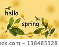 hello spring message card with yellow flowers ylang ylang and bee bee  138485328