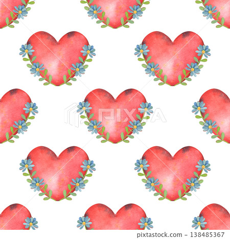 Hand-painted watercolor seamless pattern with red hearts and blue flowers, isolated on white. Perfect for Valentine designs, romantic wedding branding, wrapping paper, textiles, cards and packaging Hand-painted watercolor seamless pattern with red hearts and blue flowers, isolated on white. Perfect for Valentine designs, romantic wedding branding, wrapping paper, textiles, cards and packaging 138485367
