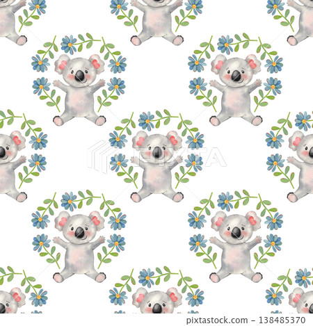 Hand-painted watercolor seamless pattern with funny koala, blue flower wreath isolated on white. Cute, playful design perfect for kids products, nursery decor, textile, packaging, stationery, branding 138485370