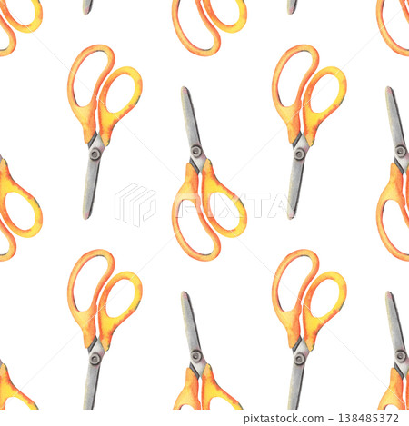 Seamless pattern with yellow kids safety scissors. Hand-painted watercolor isolated on white background. Bright, playful design perfect for crafts, education, stationery, packaging, textiles, branding Seamless pattern with yellow kids safety scissors. Hand-painted watercolor isolated on white background. Bright, playful design perfect for crafts, education, stationery, packaging, textiles, branding 138485372