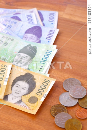 Korean currency, Won KRW (banknotes and coins) Korean currency, Won KRW (banknotes and coins) 138485594