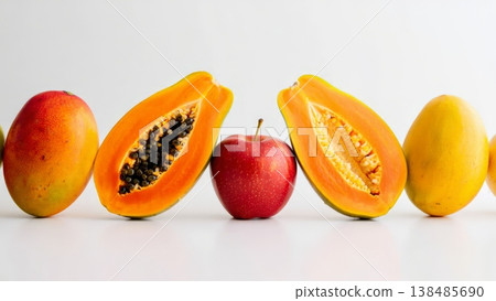 Minimalist Row of Fresh Tropical Fruits including Mango Papaya and Apple Sliced and Whole on a White Surface Representing Global Flavor and Nutritional Balance for Foodies. 138485690