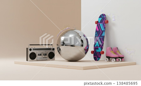 Retro 80s scene depicting a classic silver boombox, glistening disco ball, vibrant pink roller skates, and a patterned skateboard, all representing a nostalgic vibe on a minimalist stage Retro 80s scene depicting a classic silver boombox, glistening disco ball, vibrant pink roller skates, and a patterned skateboard, all representing a nostalgic vibe on a minimalist stage 138485695