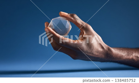 Hand gently holds a transparent dodecahedron crystal against a vibrant blue backdrop, representing the complex and multifaceted nature of artificial intelligence Hand gently holds a transparent dodecahedron crystal against a vibrant blue backdrop, representing the complex and multifaceted nature of artificial intelligence 138485752